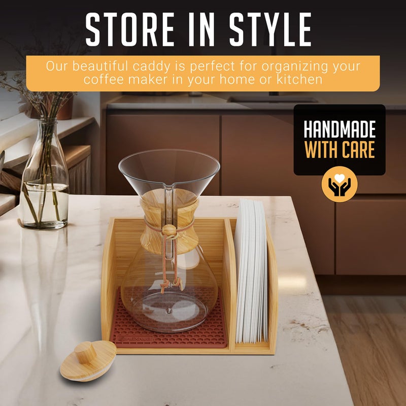 HEXNUB Caddy and Lid for Pour Over Coffee Maker, Bamboo Stand fits Chemex, Bodum, Cosori Carafes, Heatproof Mat, Filter Holder for Drip Coffee Maker - Brown Mat - Image 4